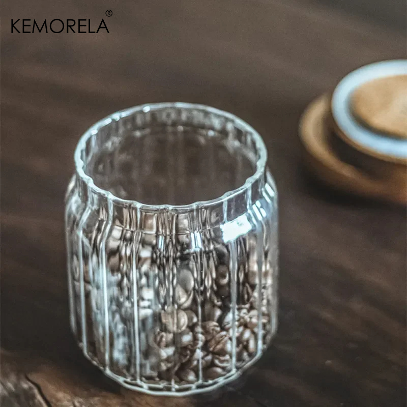Bocal à thé strié en verre et couvercle acacia – 500 ml