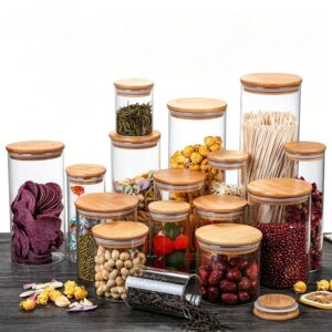 Bocaux en verre avec couvercles bambou pour aliments secs