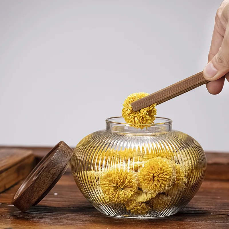 Bocal à thé en verre avec couvercle en acacia – grande capacité