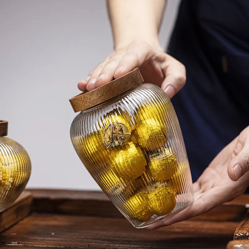Bocal à thé en verre avec couvercle en acacia – grande capacité