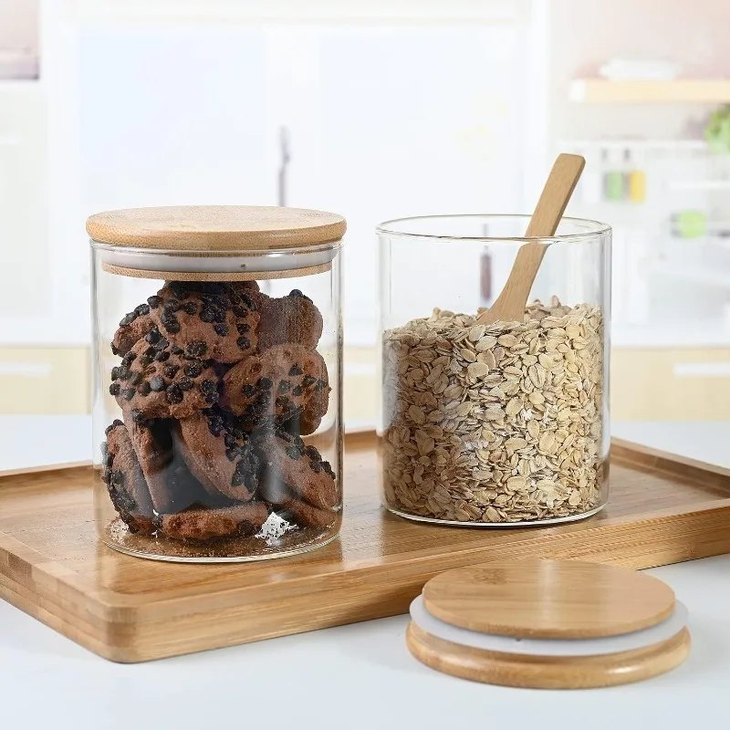 Bocal à thé en verre transparent, couvercle hermétique en bois noir
