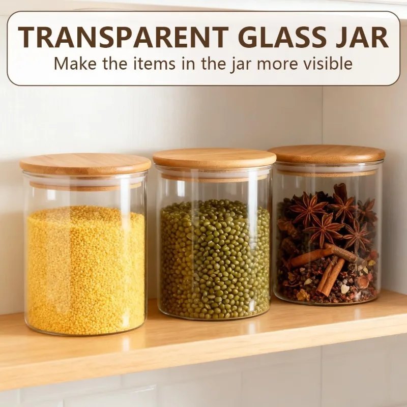 Bocal à thé en verre transparent, couvercle hermétique en bois noir