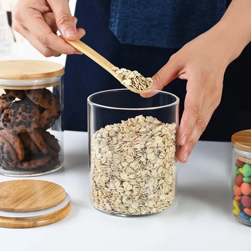 Bocal à thé en verre transparent, couvercle hermétique en bois noir