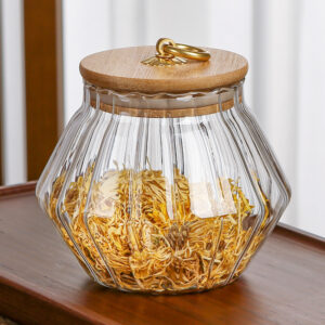 Bocal à thé en verre strié avec couvercle bois