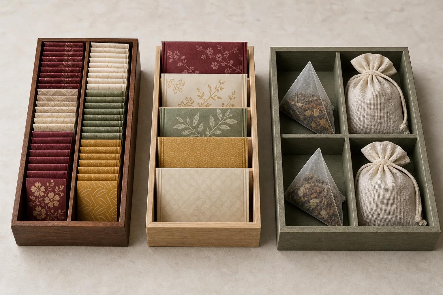 Trois configurations de compartiments adaptées aux sachets plats, pyramides et mousselines