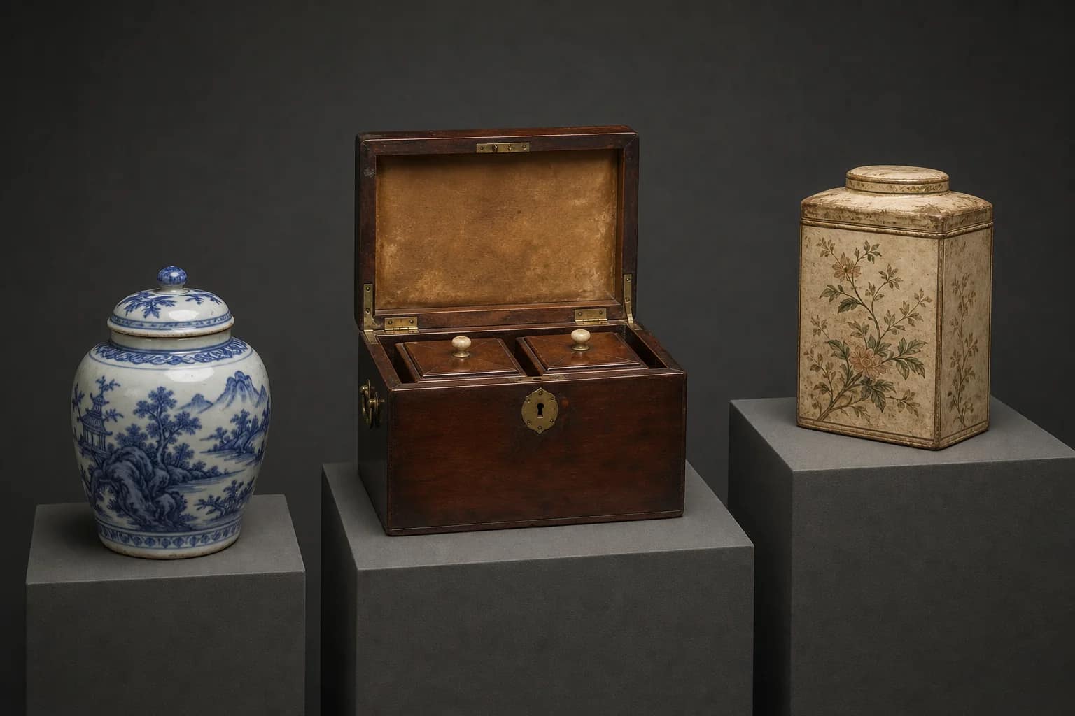 Ensemble de boîtes à thé anciennes européennes et asiatiques présentées chronologiquement