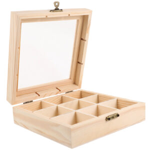 Boîte à thé en bois clair à neuf compartiments ouverte