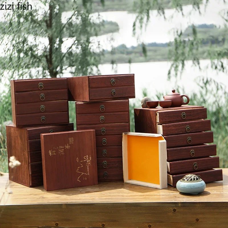 Boîte à thé en bois massif à 3 tiroirs
