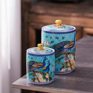 Boîte à thé en céramique émaillée motif paon