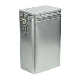 Boîte à thé rectangulaire en fer blanc argenté, fermeture à levier
