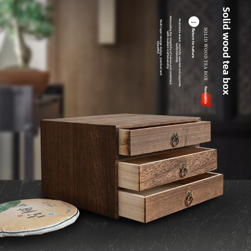 Boîte à thé pu-erh en bois à trois tiroirs