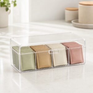 Boîte transparente à quatre compartiments pour sachets de thé