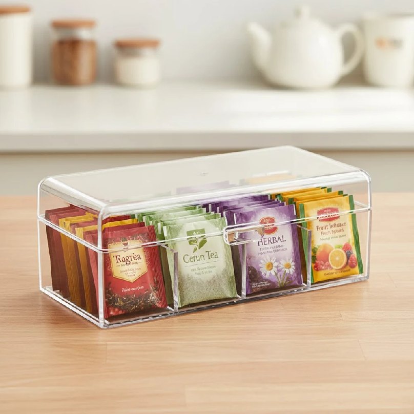 Boîte à thé transparente à quatre compartiments