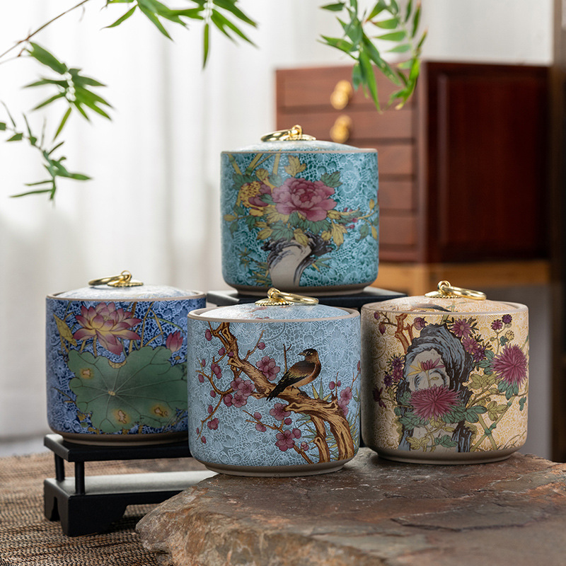 Caddies à thé en céramique décor floral