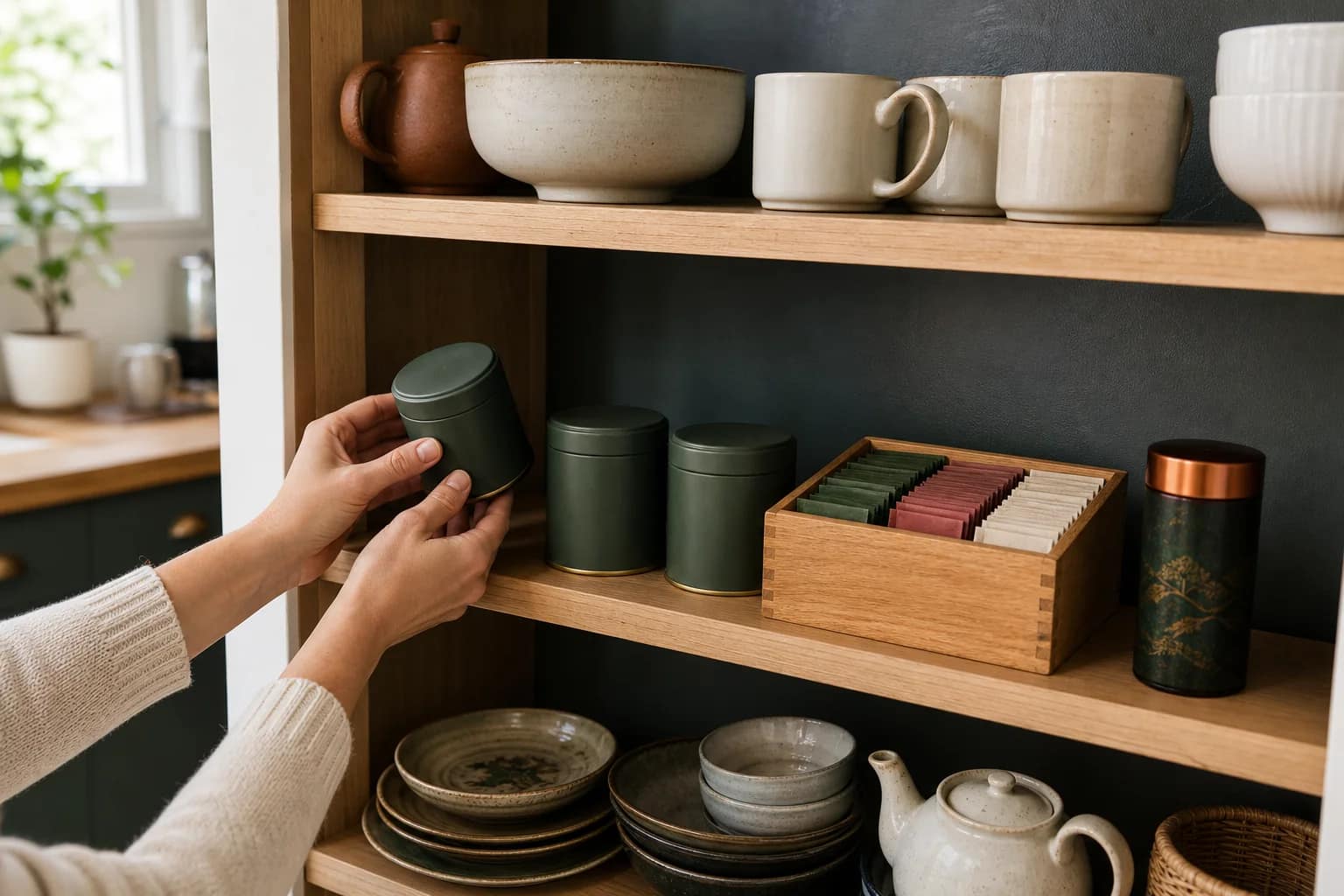 Rangement domestique avec petites boîtes à thé vertes, coffret à sachets et boîte japonaise