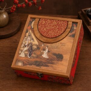 Coffret en bois illustré pour ranger du thé pu'er
