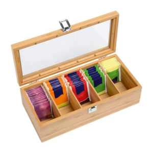Coffret en bambou ouvert avec cinq compartiments