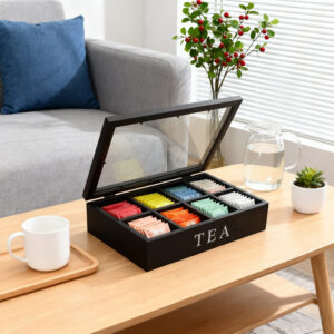 Coffret à thé noir à huit compartiments ouvert