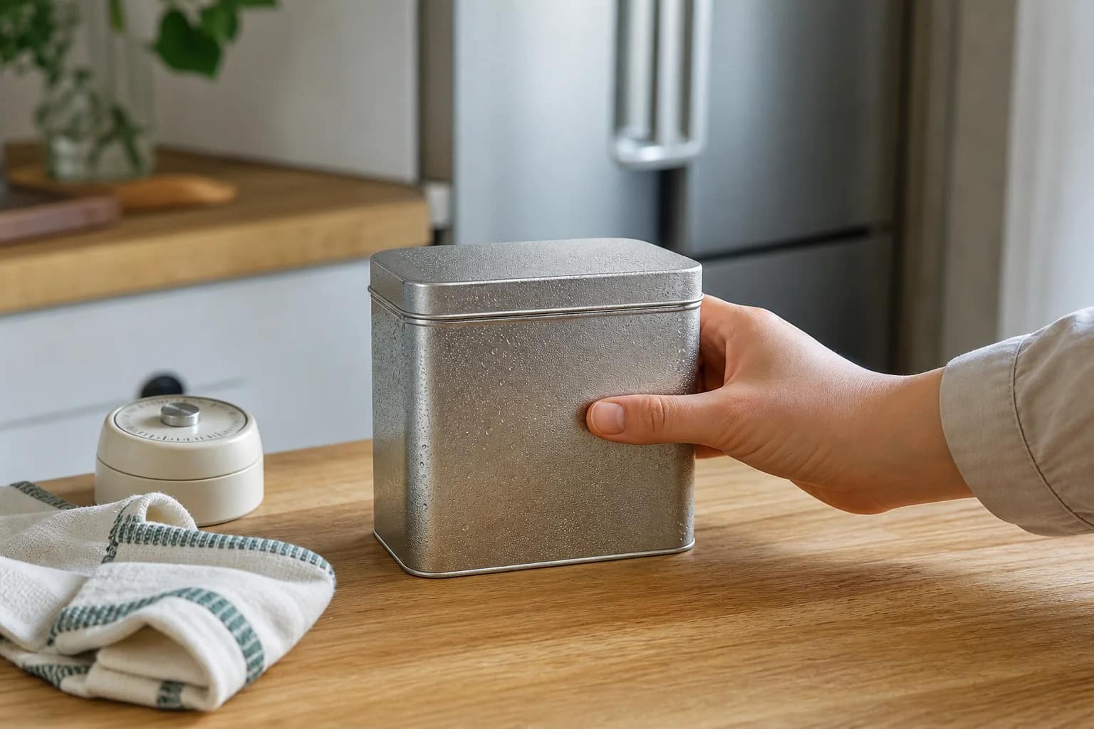 Boîte à thé fermée couverte de condensation extérieure après sa sortie du réfrigérateur