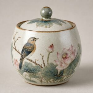Caddie à thé en céramique, décor oiseau et lotus, 13 × 12,5 cm