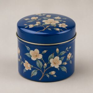 Boîte à thé ronde en métal bleu, fleurs peintes, 8,5 × 8,7 cm