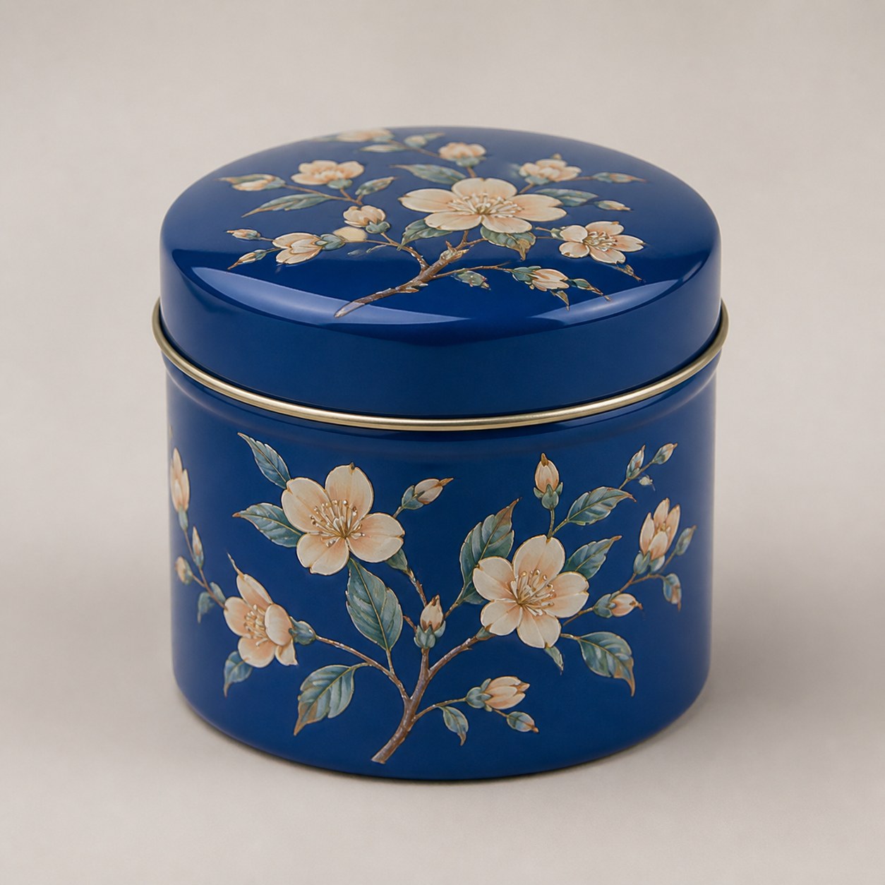 Boîte à thé ronde en métal bleu, fleurs peintes, 8,5 × 8,7 cm