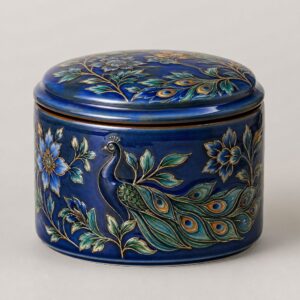 Boîte à thé en céramique émaillée bleue motif paon 14,5 × 9,2 cm