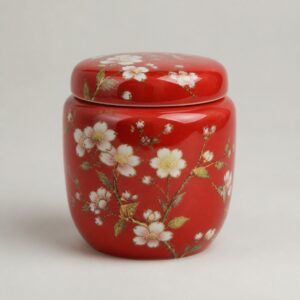 Boîte à thé en céramique émaillée rouge fleurie 10 × 7,3 cm