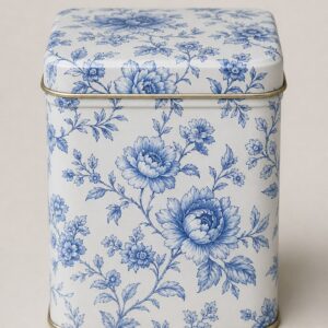 Boîte à thé en métal décor floral bleu