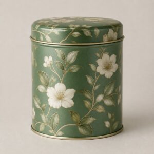 Boîte à thé en métal décor floral vert