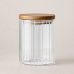 Bocal à thé strié en verre et couvercle acacia – 500 ml
