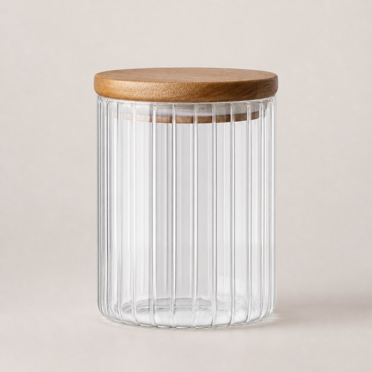 Bocal à thé strié en verre et couvercle acacia – 500 ml