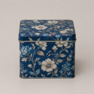 Boîte à thé carrée en métal floral bleu