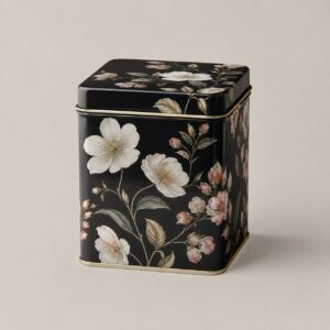 Boîte à thé carrée en métal floral noir