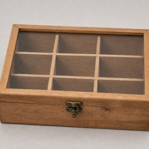 Boîte à thé en bois à 9 compartiments avec couvercle vitré
