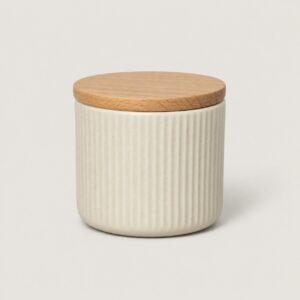 Petit caddie à thé en céramique striée, couvercle en bois, 8 × 7 cm