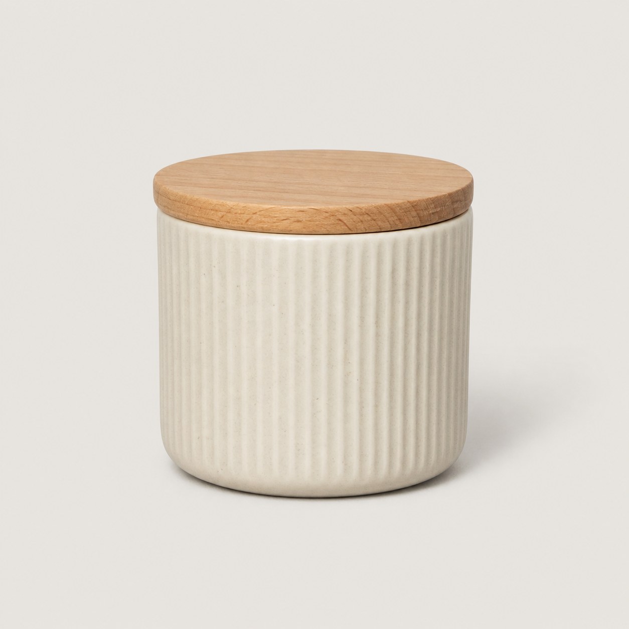 Petit caddie à thé en céramique striée, couvercle en bois, 8 × 7 cm