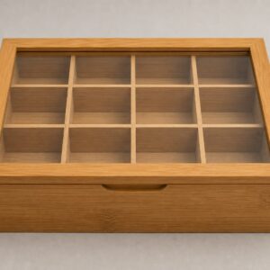 Boîte à thé en bois à 12 compartiments avec couvercle vitré