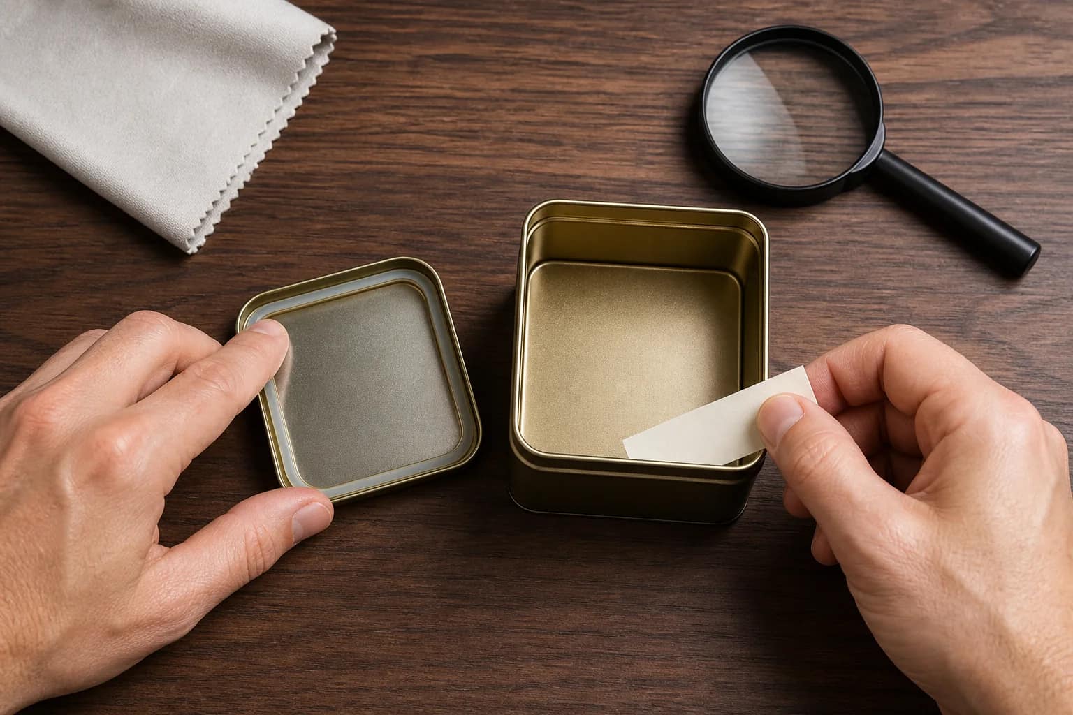 Contrôles à sec d’une boîte à thé : inspection du joint, bande de papier et vérification du couvercle