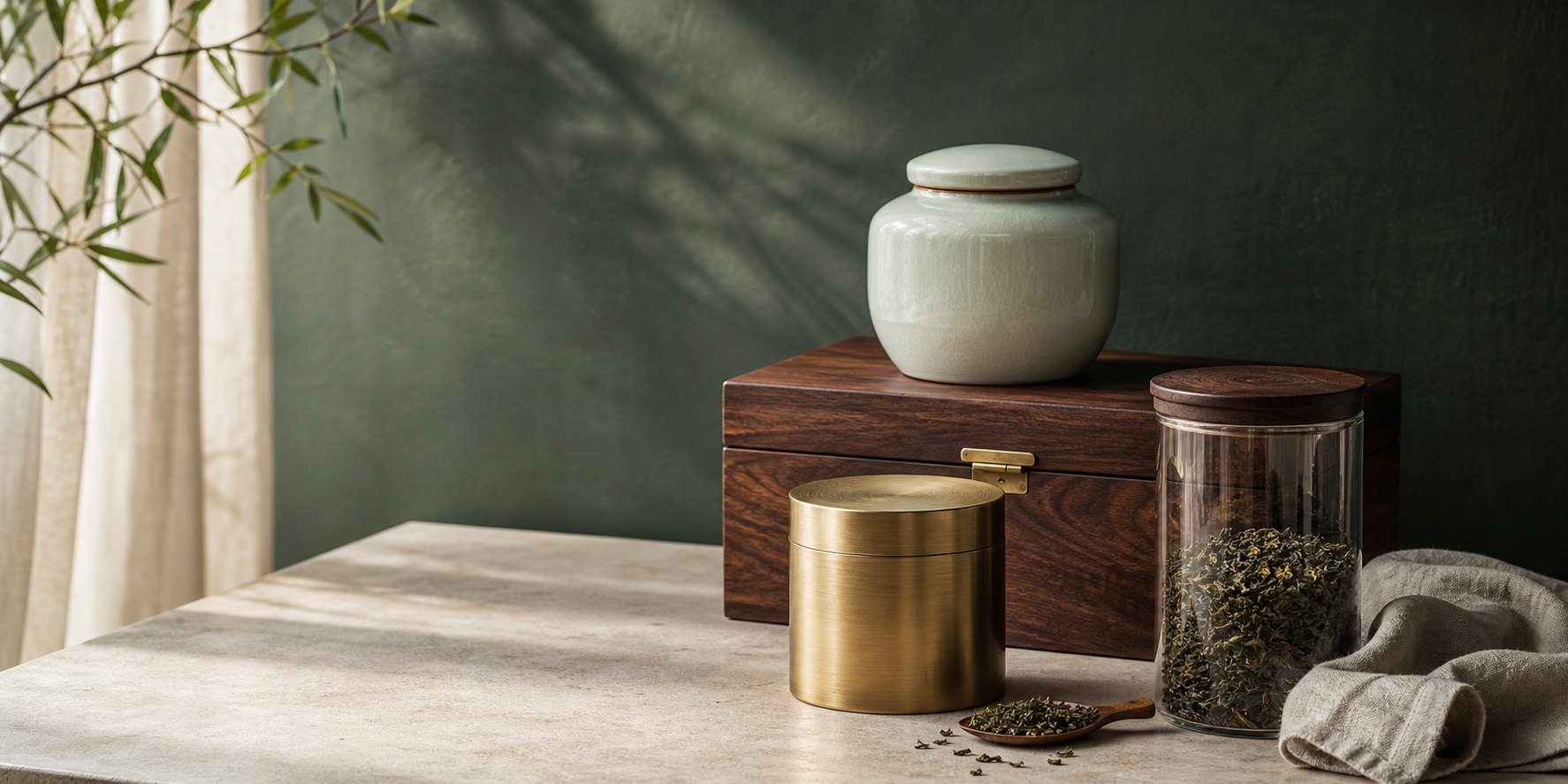 Collection de boîtes à thé en bois, métal, céramique et verre