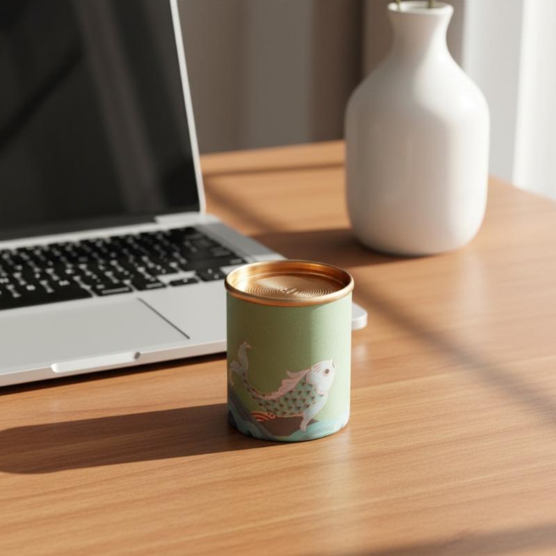 Mini boîte à thé koï posée sur un bureau