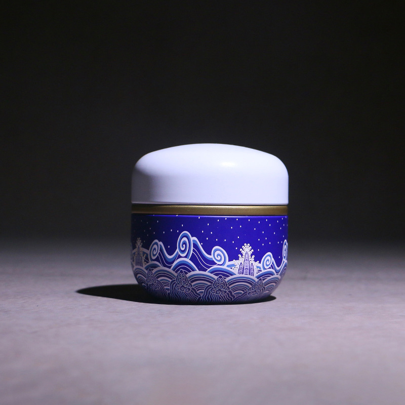 Mini boîte à thé japonaise en métal avec vagues bleues