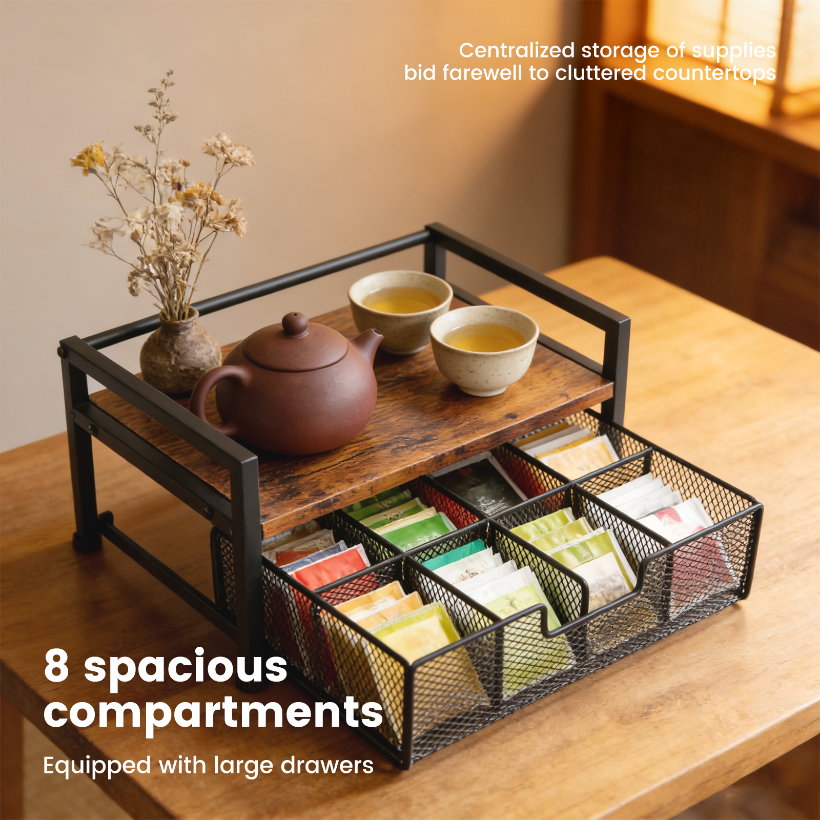 Organisateur de sachets de thé en bois et métal – 8 compartiments