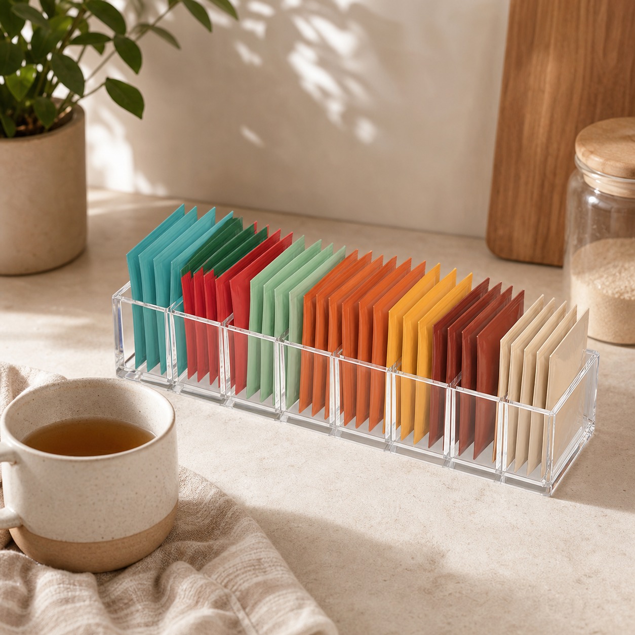 Organisateur transparent pour sachets de thé avec compartiments alignés