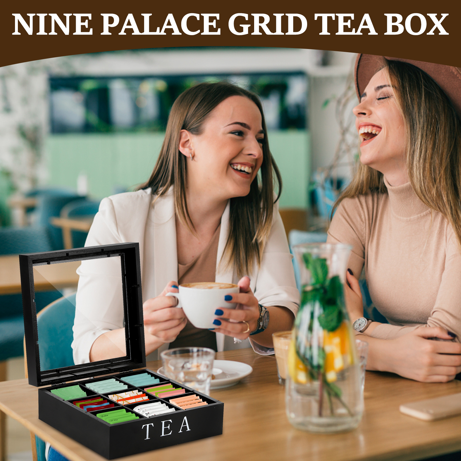 Organisateur à thé noir en bois 9 compartiments