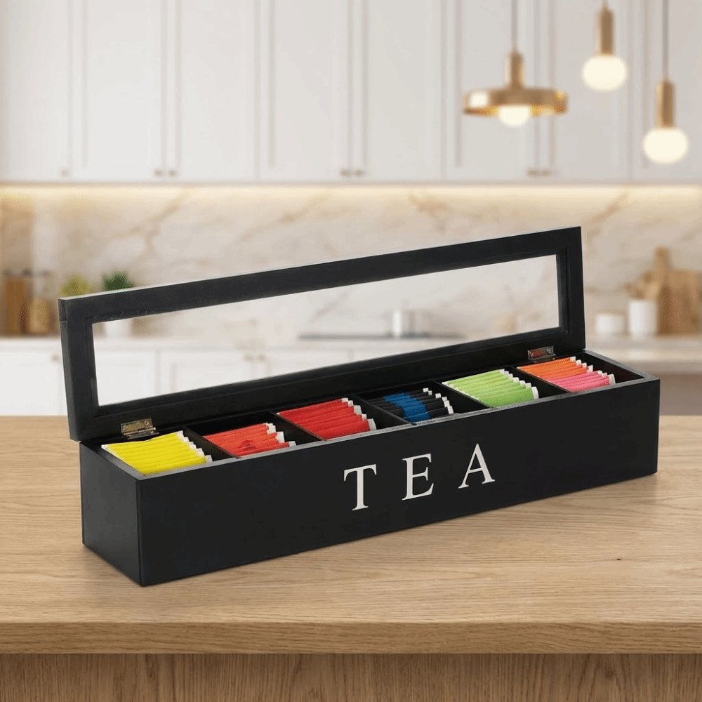 Organiseur à sachets de thé en bois noir avec fenêtre 43 cm