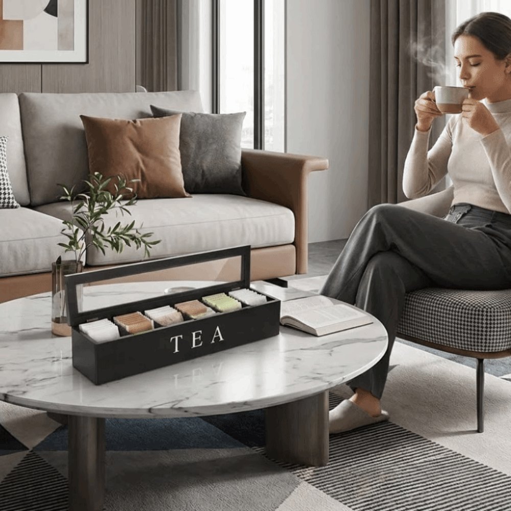 Organiseur à sachets de thé en bois noir avec fenêtre 43 cm
