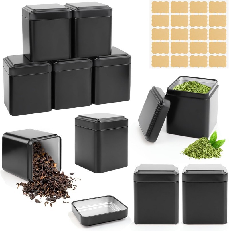 Pack de 10 boîtes à thé en métal noir avec étiquettes