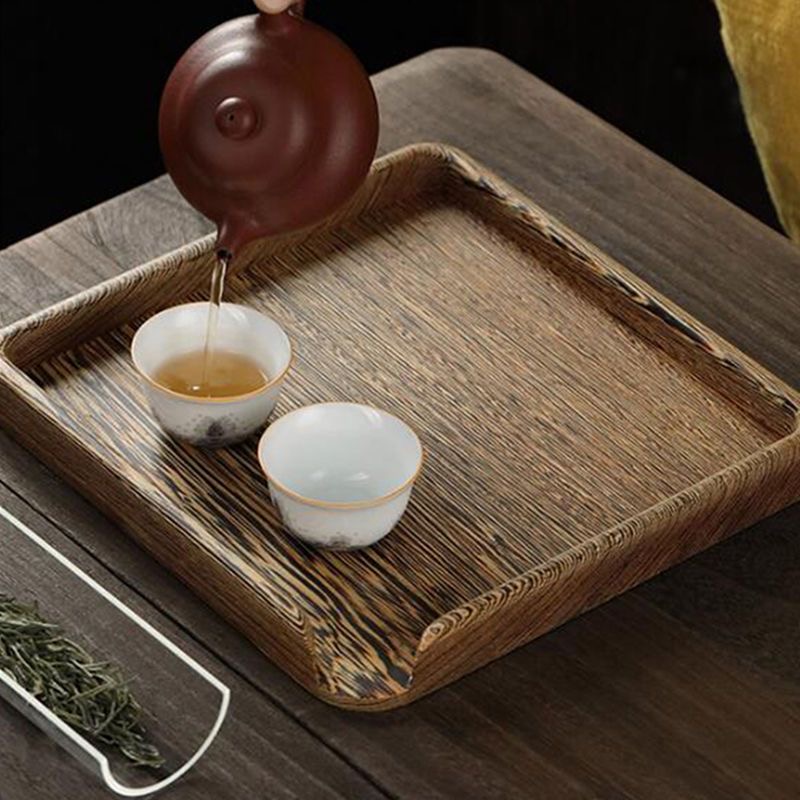 Plateau à thé Pu’er en bois sombre avec poignées