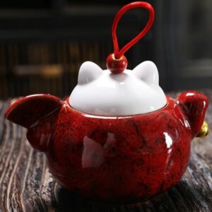 Pot à thé rouge en céramique en forme de chat porte-bonheur